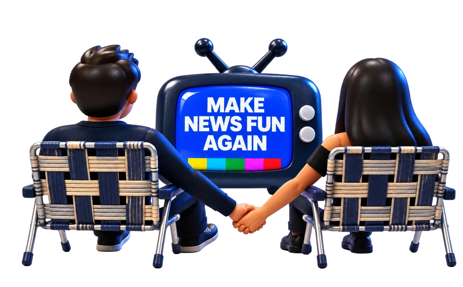 Two people in lawn chairs holding hands, watching a TV that says Make news fun again
